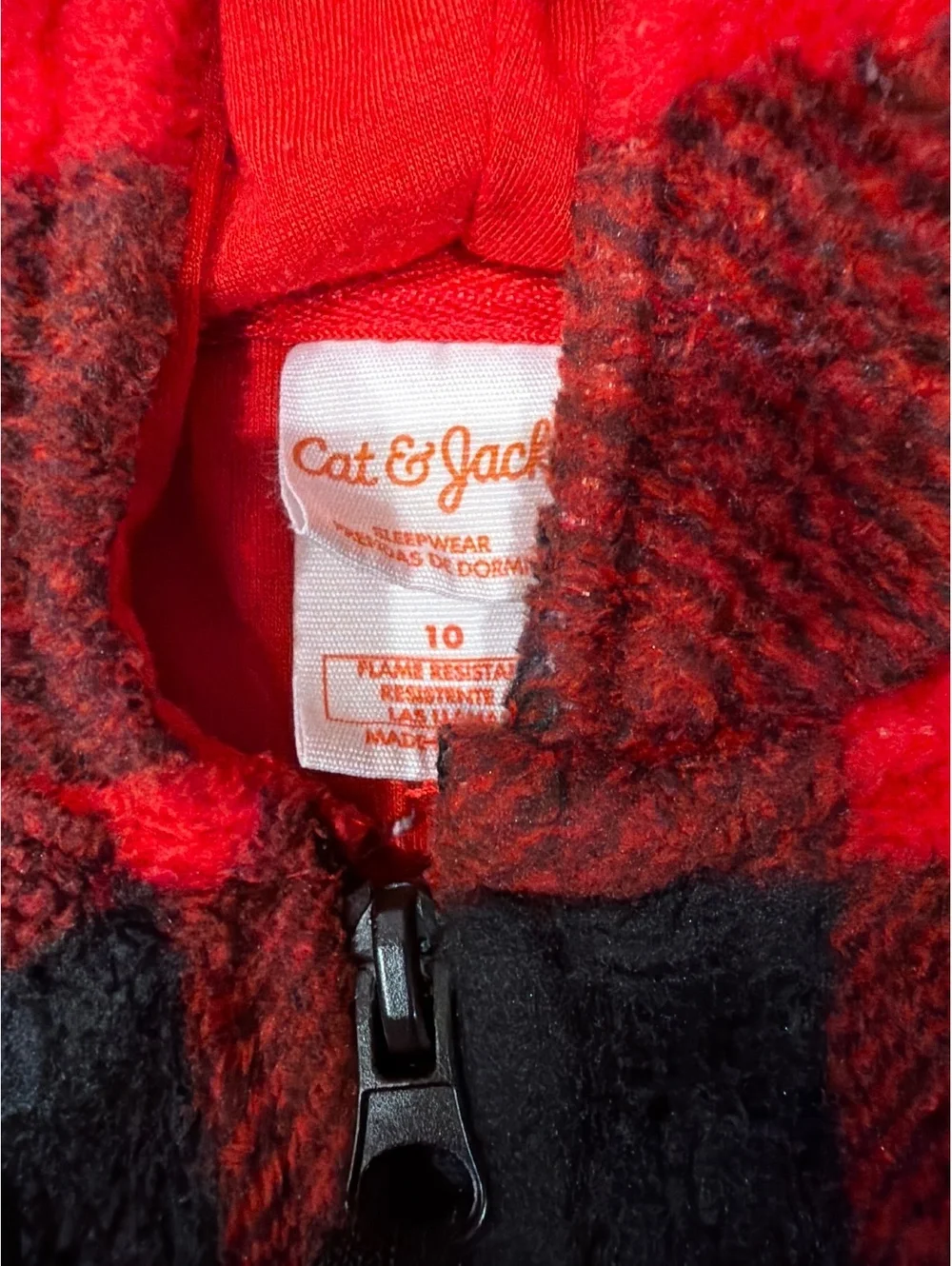 Cat & Jack Red Black Pjs Sleepwear Kids 10 Checkered Hooded 1 Piece Lumberjack